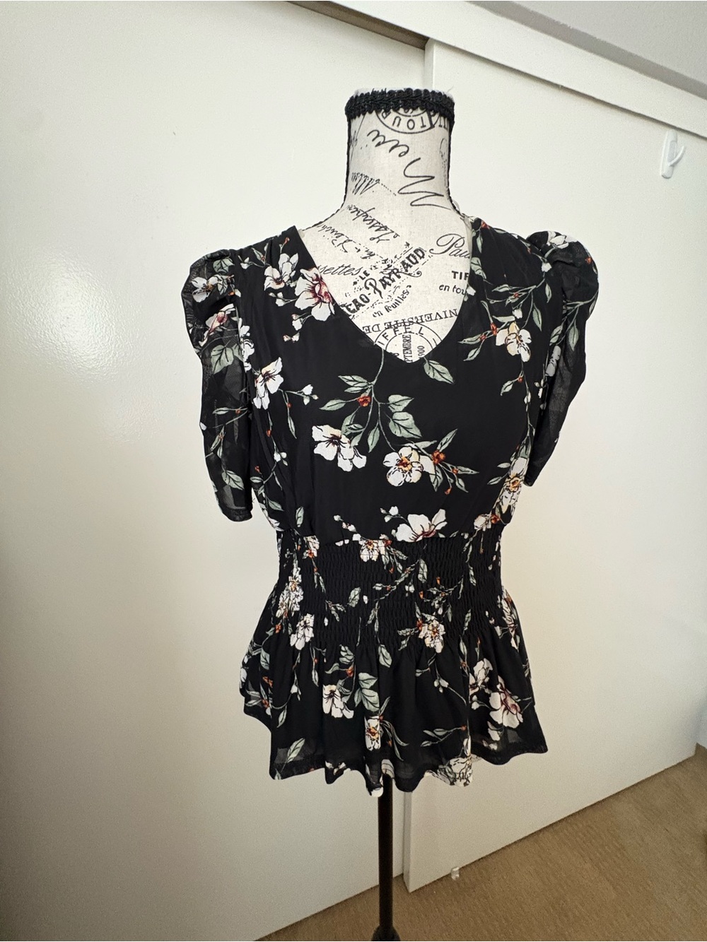 Black Floral V-Neck Smocked Waist Women's Blouse